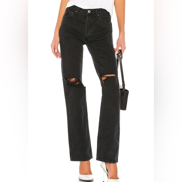 New Re/Done Black Straight Leg Jeans Distressed 70s Stove Pipe Faded Coal Rips